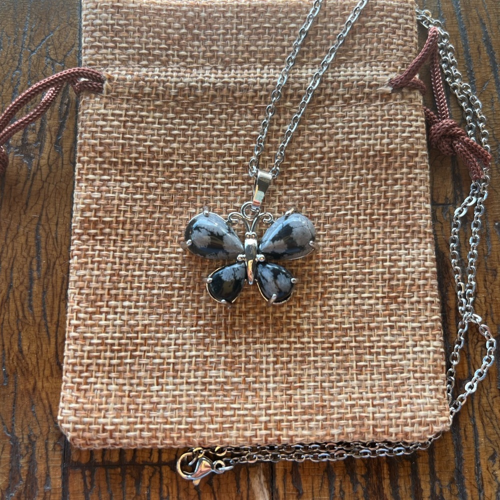 Snowflake Obsidian Butterfly Necklace Butterfly Necklace Obsidian Necklace